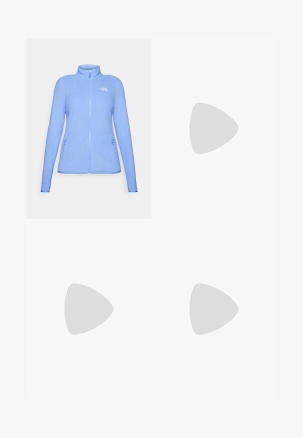 Casaco de fleece azul claro com colarinho alto, fecho de correr de comprimento total e dois bolsos laterais com fechos de correr. O logótipo está exibido no peito.; The North Face SHADOW SHORT SLEEVE  - T-shirt desportiva - white dune; Leggings capri pretos feitos de um tecido elástico, com uma cintura alta e um pequeno logótipo branco no lado esquerdo. Textura suave.; Shoe atlético preto com um cabedal texturizado, apresentando detalhes em cinza e uma entressola branca. Inclui uma alça e um logótipo da marca em destaque no calcanhar.