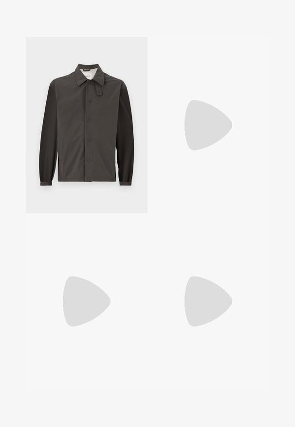 Dark gray jacket made from lightweight material, featuring a collared neckline, snap buttons, and elastic cuffs for a fitted look.; Gray short-sleeve T-shirt made from soft, textured fabric. Features a classic crew neck and a straight hem, suitable for casual wear.; Olive green cargo pants made of textured fabric, featuring multiple front and side pockets and reinforced stitching on seams.; White sneaker with suede accents, rounded toe, flat laces, and a cream rubber sole. Features green branding on the heel.