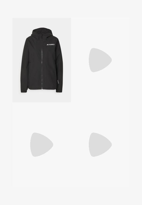 Black Terrex jacket featuring a zip front, mesh-lined hood, elastic cuffs, and logo at the chest. Lightweight fabric with a smooth texture.; Black short-sleeve T-shirt made of lightweight fabric. Features a crew neckline and a small, white "TERREX" logo on the chest.; Black waterproof pants with an elastic waistband, zippered side pockets, tapered legs, and ribbed cuffs at the ankles. Features logo accents.; Black athletic shoe featuring a mesh upper, three-stripe design, molded heel, and rugged outsole with prominent traction lugs.