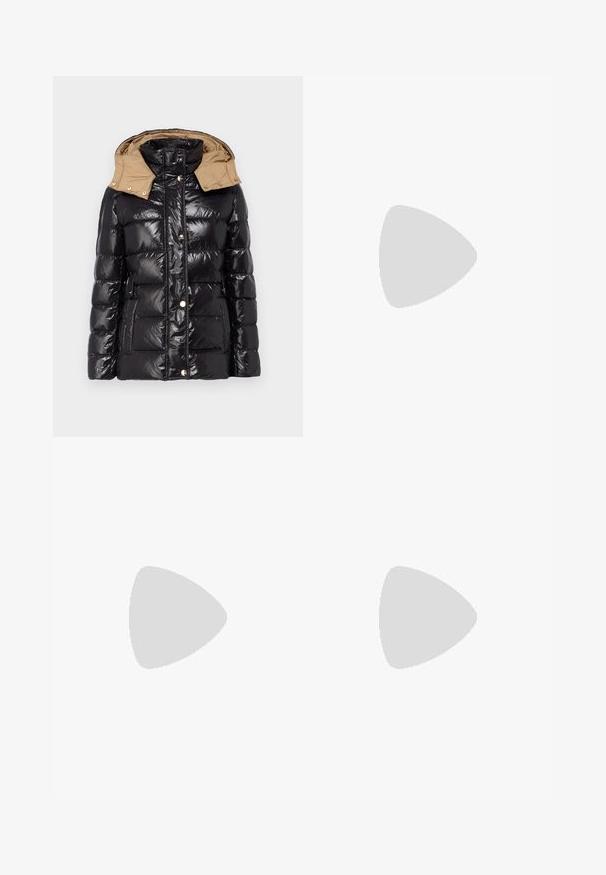 LIU JO IMBOTTITO PIUMA CORTO - Down jacket - nero/tortora; Black cotton t-shirt with short sleeves featuring a pink graphic of sunglasses and text "Not Your Girl" on the left chest area.; Black wide-leg trousers made from cotton, featuring a high waist, large side pockets, and a belted waist with silver hardware accents.; Black leather loafers with a chunky platform sole. Rounded toe, front seam detail, and subtle stitching accents. Flat, textured outsole.