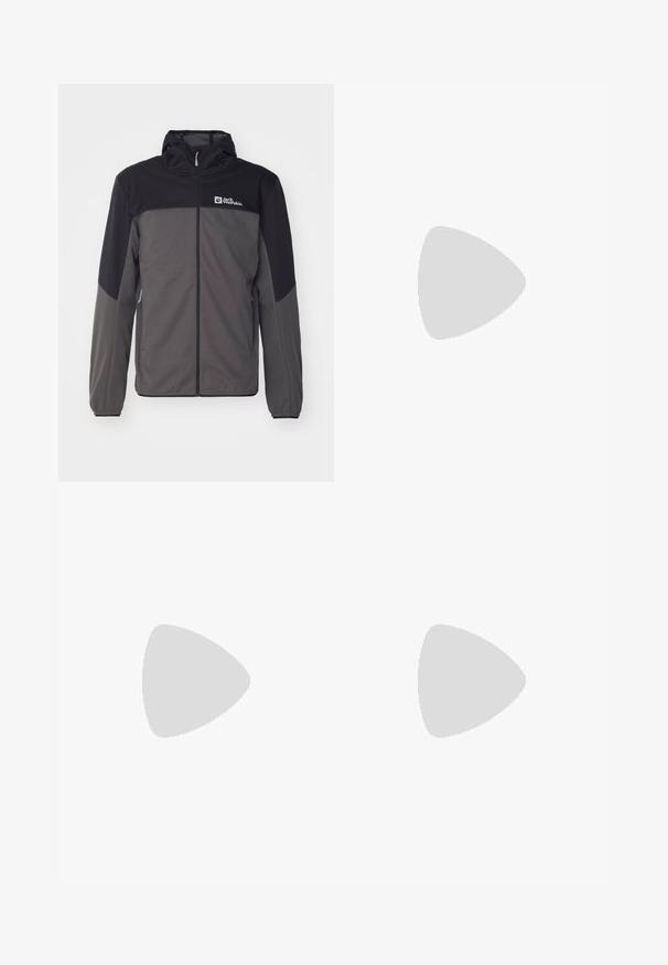 Veste grise et noire avec capuche, fermeture éclair, poignets élastiques et poches latérales. Présente un logo sur la poitrine et un tissu lisse et léger.; T-shirt noir à manches courtes en tissu léger. Présente un petit logo blanc sur la poitrine gauche et des accents subtils aux épaules.; Pantalon de sport noir en tissu léger, avec une taille à cordon, des poches latérales et des chevilles resserrées.; Chaussure de trail running noire avec une tige en mesh durable, une coque de protection renforcée à l'avant, une semelle en caoutchouc texturé et un système de laçage élastique pour un maintien sécurisé.