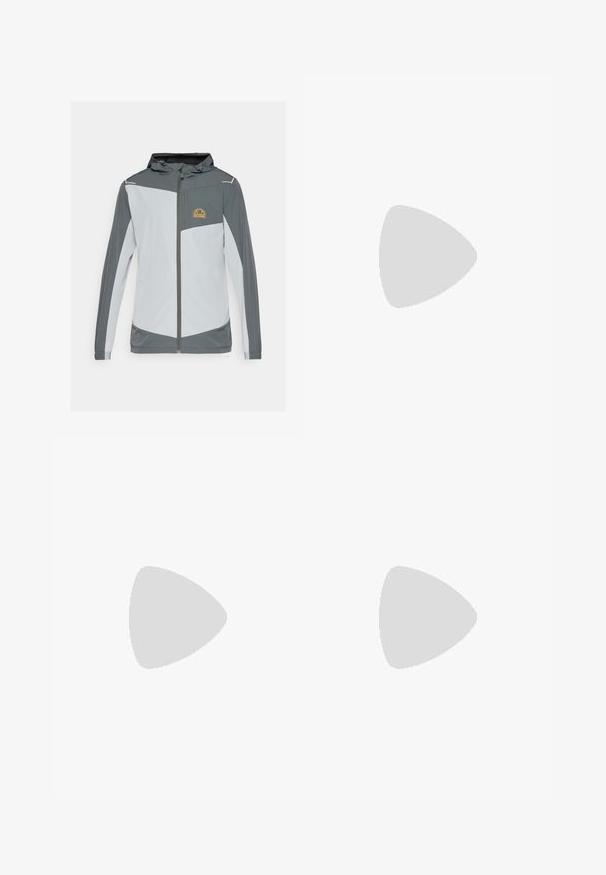 Sport jacket in gray and light gray with a zip front, hood, and a chest pocket featuring a yellow logo, made from lightweight fabric.; White cotton t-shirt featuring a central black and gray logo graphic. Classic crew neckline and short sleeves with a relaxed fit.; Black, elasticated-waist sweatpants with a loose fit, cuffed ankles, smooth texture, and no visible patterns or hardware accents.; White Nike Air Max 90 sneaker featuring a mesh and leather upper, perforated toe box, and a visible air unit in the heel.