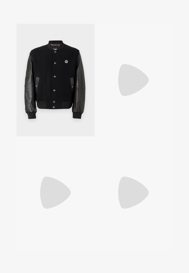 Black varsity jacket with wool body and leather sleeves. Features snap buttons, two side pockets, and a logo patch on the chest.; Black cotton T-shirt with a crew neck, short sleeves, and a white logo print on the left chest. Simple, solid color design.; Black trousers made of a smooth fabric, featuring a fold at the front, a button closure, and rolled cuffs at the ankle.; Black leather loafer with a glossy finish, rounded toe, subtle stitching details, and a thick rubber sole for durability.