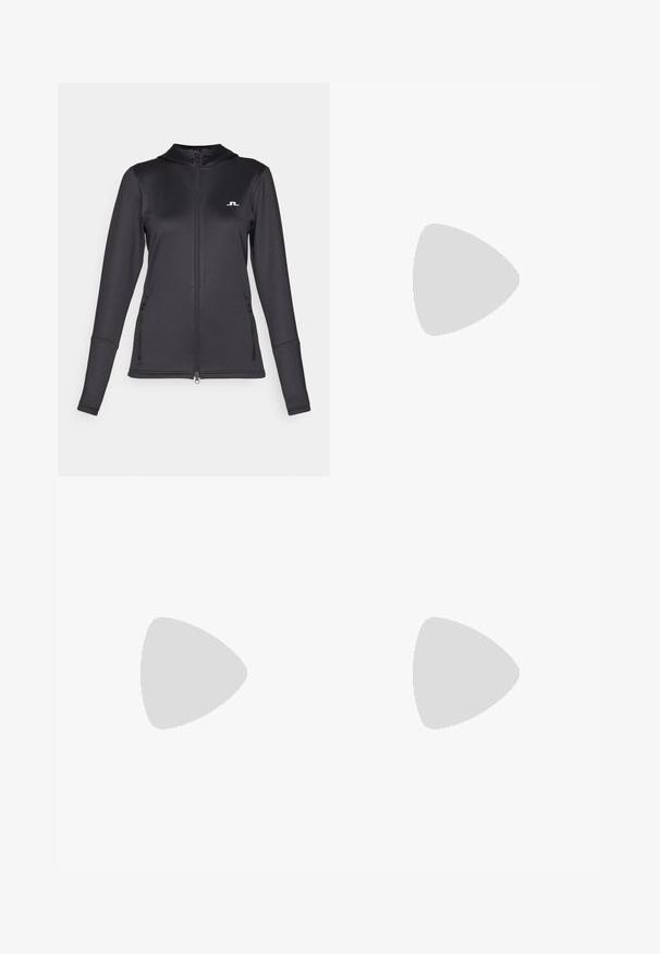 J.LINDEBERG Sports AERIAL FULL ZIP - Športna jakna/jopica - black; Bela polo majica s kratkimi rokavi, ovratnikom in sprednjim gumbom. Črne podrobnosti na rokavih in stranskih šivih. Mehka, gladka tekstura.; Črne skrčene hlače z gladko teksturo, z gumbom za zapiranje, zadrgo in dvema stranskima žepoma. Utesnjen kroj s zoženimi hlačnicami.; Bele športne čevlje z teksturirano mrežasto zgornjim delom, srebrnimi poudarki in lahkotnim podplatom, ki ima majhne protisklizne konice, označeni z "ULTRA FLIGHT."