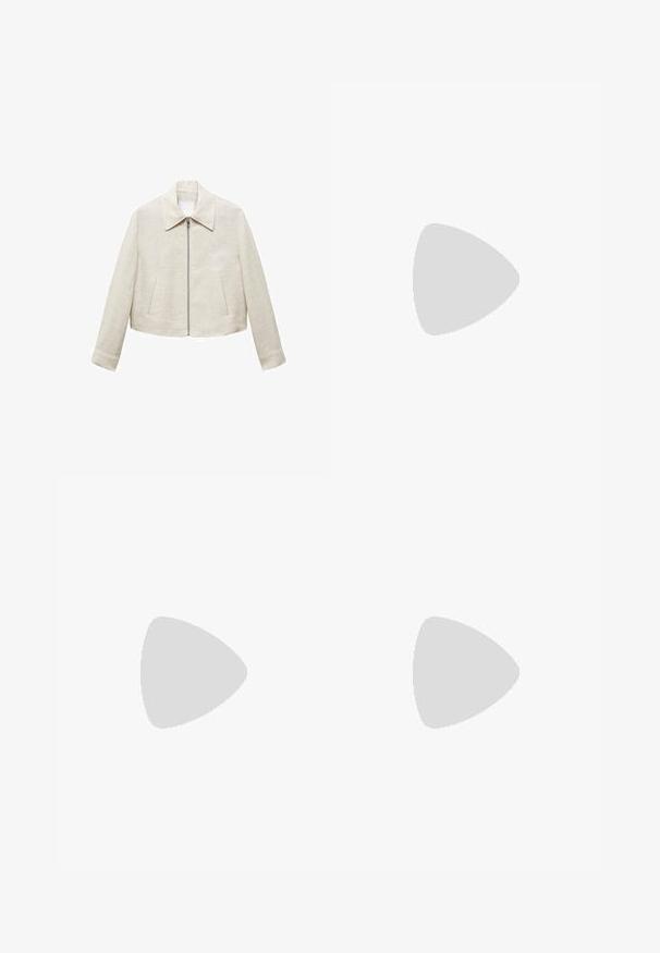 Giacca in lino cropped di un beige chiaro con colletto a punta, zip frontale e due tasche laterali. Texture semplice e liscia senza fantasie.; Tessuto beige caratterizzato da morbide cadute e una superficie liscia, con un'etichetta visibile sul bordo superiore che indica il marchio o la collezione.; Gonna bianca alla lunghezza del ginocchio con un design morbido e fluido. Stile semplice senza motivi visibili o dettagli hardware.; Ballerina nera in rete con punta affusolata, cinghia decorativa e accento sottile. Presenta un design a rete aperta e suola piatta.