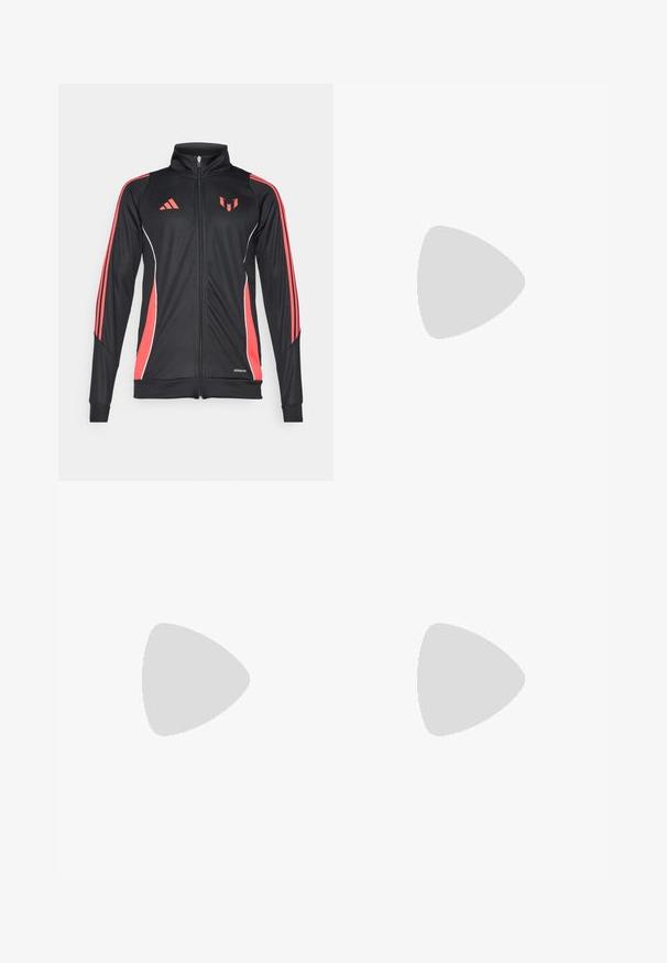 Sort atletisk jakke med røde accenter, lynlås lukning, høj krave og hvide piping. Har tre lodrette striber på ærmerne. Aeroready branding vist.; Hvid atletisk trøje med sorte lodrette striber og røde detaljer på skuldrene. Har AeroReady teknologi til fugtstyring.; Sorte atletiske shorts med røde sidelapper, hvid accent piping, elastisk talje og et logo på det nederste venstre ben.; Hvide lædersneakers med grå ruskindsnæse, tre horisontale hvide striber, blå accent og brun gummisål. Tekstureret detalje på sålen.