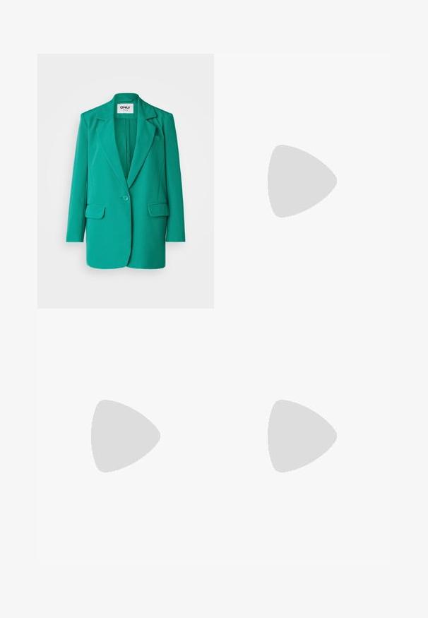 Türkiser Blazer mit Reverskragen, einem knöpfen, zwei Fronttaschen und einer glatten Stoffstruktur.; Zwei nahtlose Schlauchschals: einer schwarz und einer weiß. Beide bestehen aus weichem, dehnbarem Material und haben eine glatte Textur ohne Muster.; Schwarze Leggings aus dehnbarem Stoff, mit einem nahtlosen Bund und einer schmalen Passform, geeignet für Freizeit oder Sport.; Braune Leder-Sandale mit gekreuzten Riemen, flacher Sohle und glatter Textur. Schlichtes Design ohne Verzierungen oder Muster.; Sonnenbrille mit ovaler Form, klarem Kunststoffrahmen, dunkelgrauen Gläsern und dünnen transparenten Bügeln mit Logo-Akzenten und minimalen Details.