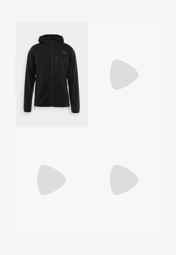 Chaqueta softshell negra con capucha, que cuenta con un cierre frontal, bolsillos laterales y un bolsillo en el pecho. Textura suave y un mínimo detalle de marca.; Camiseta negra de manga corta hecha de tejido ligero. Presenta un pequeño logo blanco en el lado izquierdo del pecho y sutiles acentos en los hombros.; Pantalones deportivos negros con cintura elástica, forma ajustada, textura suave y un pequeño logotipo blanco en la parte inferior de la pierna.; Zapatilla de trail running negra con upper texturizado, suela de goma y puntera reforzada. Presenta un collar acolchado y una lengüeta para poner y quitar fácilmente.