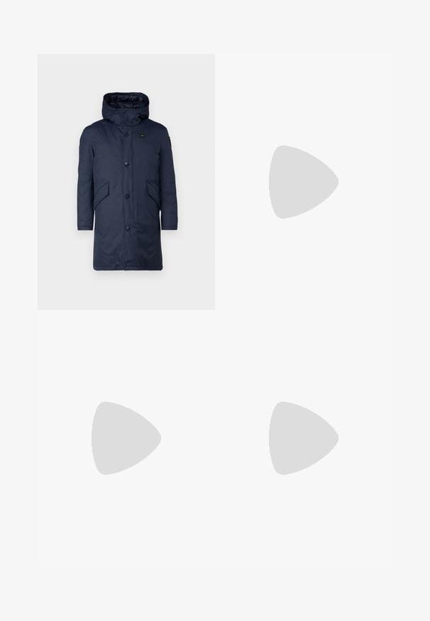 Navy blue puffer coat with a high collar, front buttons, and side pockets. Features water-resistant material and a sleek, modern design.; BOSS TEE - Basic T-shirt - open white; Beige cotton trousers with a straight-leg cut, featuring a button closure and pleats at the front for added detail.; Low-top men's sneaker in black leather and suede with maroon heel tab and white rubber sole, viewed from the outer side.