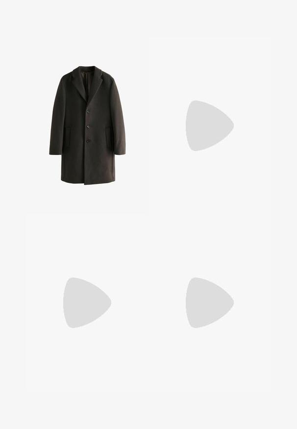 Manteau en laine noir avec un col cranté, trois boutons, deux poches latérales et une coupe décontractée. Texture lisse avec un éclat subtil.; Pull en polo gris clair en tissu doux, doté d'une patte de boutonnage, de poignets côtelés et d'un logo brodé en doré près de la poitrine.; T-shirt en coton blanc avec un col rond, des manches courtes et une coupe décontractée. Présente un design uni sans motifs ni accents.; Pantalons noirs avec un design de devant plissé, fabriqués à partir d'un tissu lisse. Comprend une fermeture par bouton et des passants de ceinture ; coupe droite.; Baskets noires avec des rayures blanches, lacets, dessus texturé et semelle en caoutchouc. Présente le logo "CAMPUS" sur le côté et une semelle extérieure en gomme.