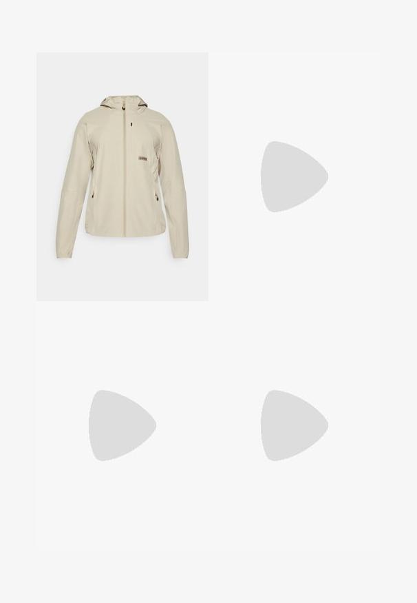 Casaco leve bege com capuz, fecho éclair frontal, dois bolsos laterais e um pequeno detalhe de logótipo no peito. Tecido de textura suave.; T-shirt preto de manga curta feito de algodão, com um decote redondo e um pequeno logótipo branco na parte superior esquerda do peito.; The North Face WINTER EXPLORATION TAPERED CARGO - Calças para exterior - black; Sapatilha de trail running preta com um upper texturizado, sola de borracha e biqueira reforçada. Possui um colarinho acolchoado e uma alça para facilitar o calçar.