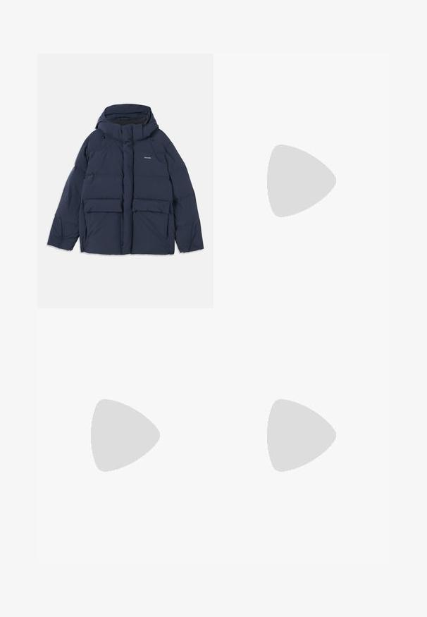 Navy blue puffer jacket with a hood, featuring two large front pockets and a zip closure. Material appears smooth and insulated.; Black sweatshirt made from soft fabric. Features a crew neckline and long sleeves. The front displays "ARMANI EXCHANGE" and "1991" in contrasting colors.; Black jogger pants made of soft fabric, featuring an elastic waistband, straight legs, and a single small logo detail on the side.; White leather sneaker with a smooth finish, round toe, flat laces, and a textured sole. Features a subtle logo on the heel.