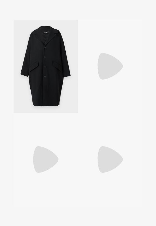 Manteau noir avec col à revers, six boutons à l'avant, deux grandes poches à rabat et une silhouette décontractée et surdimensionnée. Texture lisse.; T-shirts en coton noir à coupe décontractée, avec des manches courtes et un col rond. Deux exemplaires présentés, avec une texture lisse.; Pantalons larges en denim noir à taille haute, avec poches avant et fermeture à bouton. Texture lisse avec des détails de coutures subtils.; Chaussures de sport noires en matériau synthétique, avec des accents en mesh et des semelles arrondies. Équipées d'un système de laçage et d'un logo Nike bien visible sur la languette.; Sac en cuir noir et doux avec un design torsadé unique. Doté d'une courte poignée et d'une bandoulière amovible. Style minimaliste.