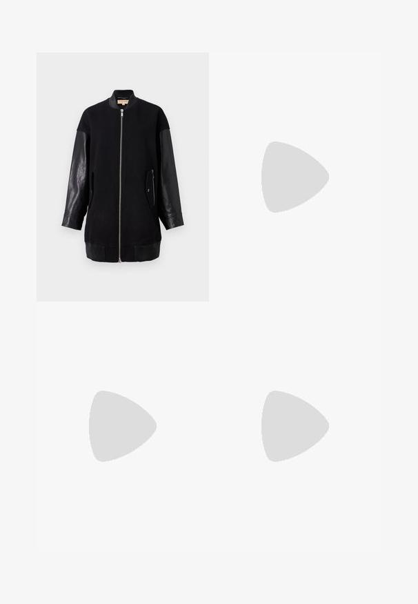 Mustaard bomber-jakk, millel on villane keha ja nahkvarrukad, ees lukk, kaks küljetaskut ning soonikkoes serv ja mansetid.; Mustard ribaga lõhikuga crop top, millel on ümar kaelus ja ilma varrukateta disain. Valmistatud pehmest ja venivast kangast, millel on puhtad äärised.; Mustad, kerge kangas püksid elastse vöökoha ja kokku volditud pahkluudega. Kanga pind on sile ja disain on lõdvestunud, kitsenev.; Mustad nahast mokassiini saabas terava ninaga ja ploki kontsaga. Sile tekstuur, minimalistlik disain ja kõrge lõikega siluett.
