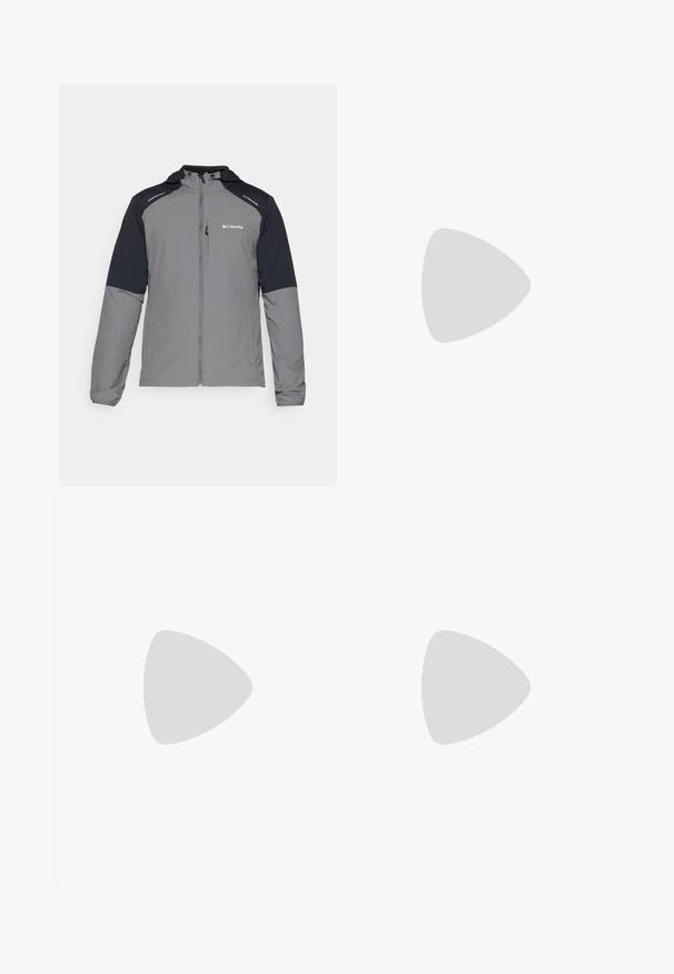 Šedá bunda s černými rukávy, se zapínáním na zip, kapucí a logem Columbia. Obsahuje reflexní akcenty a lehkou, texturovanou tkaninu.; Námořnická modrá bavlněná tričko s velkým, barevným grafickým nápisem "Sportswear" se geometrickými vzory a písmenem "C" na přední straně.; Černé cargo kalhoty vyrobené z lehkého, voděodolného materiálu; mají elastický pas, několik kapes na zip a zúžené nohavice.; Černé venkovní boty z prodyšného a syntetického materiálu, s texturovaným svrškem, bezpečným šněrovacím systémem a robustní podrážkou, na skalnatém terénu.