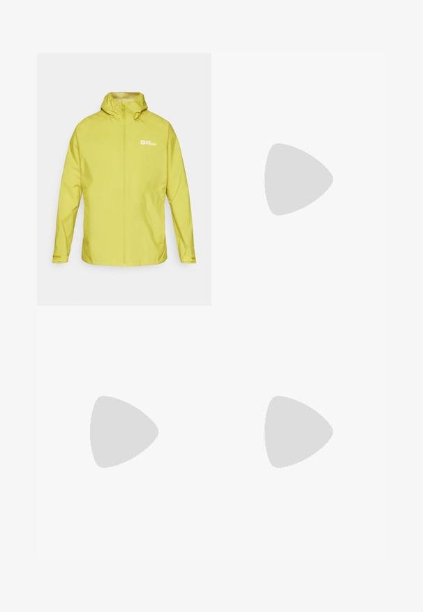 Jachetă impermeabilă galbenă, cu glugă, fermoar pe întreaga față și logo pe pieptul stâng. Are manșete elastice și un design ușor.; Tricou negru cu mânecă scurtă, realizat dintr-un material ușor. Prezintă un mic logo alb pe pieptul stâng și accente subtile pe umeri.; Pantaloni atletici negri, confecționați dintr-un material ușor, cu un tiv elastic la talie, buzunare laterale și tivuri ajustate la gleznă.; Pantofii de alergare pe teren accidentat, de culoare neagră, cu un superior texturat, talpă din cauciuc și vârf întărit. Prezintă un guler căptușit și o bandă de prindere pentru îmbrăcare ușoară.
