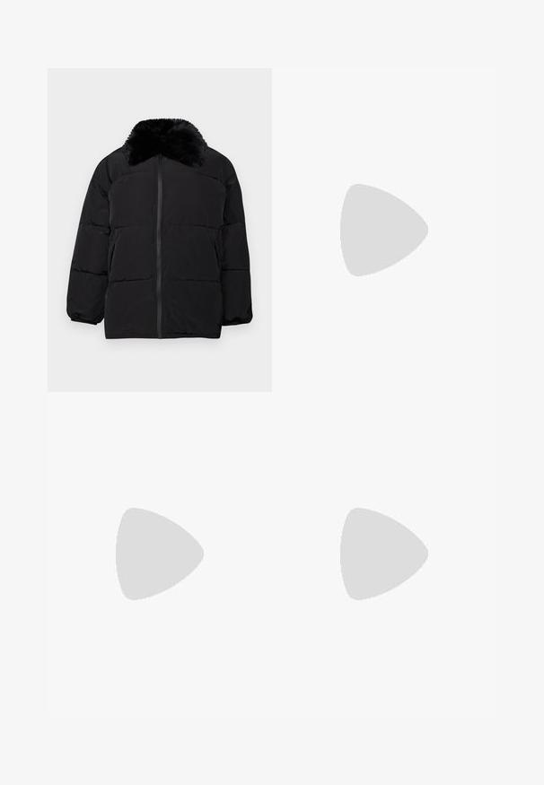 Black puffer jacket featuring a faux fur collar, zip closure, elastic cuffs, and a quilted design with horizontal stitching.; Black cotton t-shirt with a round neck, short sleeves, and blue embroidered "Calvin Klein JEANS" logo on the front.; Black wide-leg jeans made of denim, featuring a high-rise waist, five-pocket styling, and a metal button closure with contrasting stitching.; Black leather ankle boot with elastic side panels, rounded toe, and chunky rubber sole. Features a subtle logo embossed on the side.