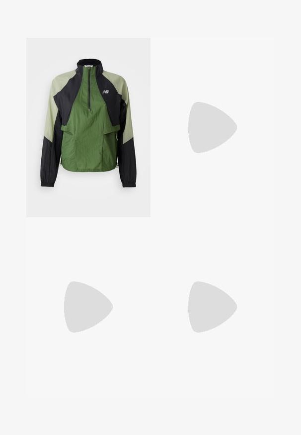 Zelena i crna lagana jakna s četvrtastim zatvaranjem, elastičnim manšetama, dva prednja džepa i kontrastnim panelima u teksturiranom materijalu.; New Balance ATHLETICS GRID 1/2 ZIP - Top dugih rukava - garter snake heather; Visoke crne tajice od rastezljivog, glatkog materijala. Imaju dva bočna džepa i kontrastne šavove uz rubove.; Svijetlosmeđi atletski tenisic s debelim đonom, crno-ljubičasti "N" logo sa strane i oznaka "FantomFit" na peti.