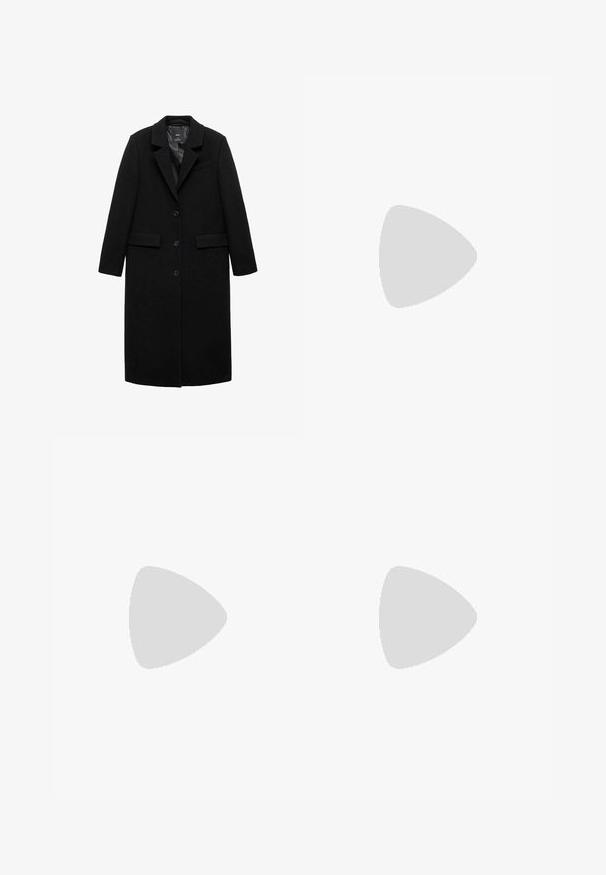 Lang zwart wollen jas met een op maat gemaakte pasvorm, notch revers en drieknoopsluiting, met twee zijzakken en een gladde voering.; Zwarte gebreide trui met een ronde hals, lange mouwen en een cropped ontwerp. Gemaakt van een zacht materiaal met een gladde textuur.; Lichtblauwe wijde jeans van denim, met een klassieke vijf-pocketontwerp en een knoopsluiting. Verbleekte textuur overal.; Zwarte leren enkelboot met een spitse neus, een slanke silhoeet en een chunky vierkante hak. Gladde textuur met minimale stikdetails.; Bruine suède hobo tas met een enkele schouderband, zachte textuur en een ronde vorm. Kenmerkt zich door een naad in het midden voor extra detail.