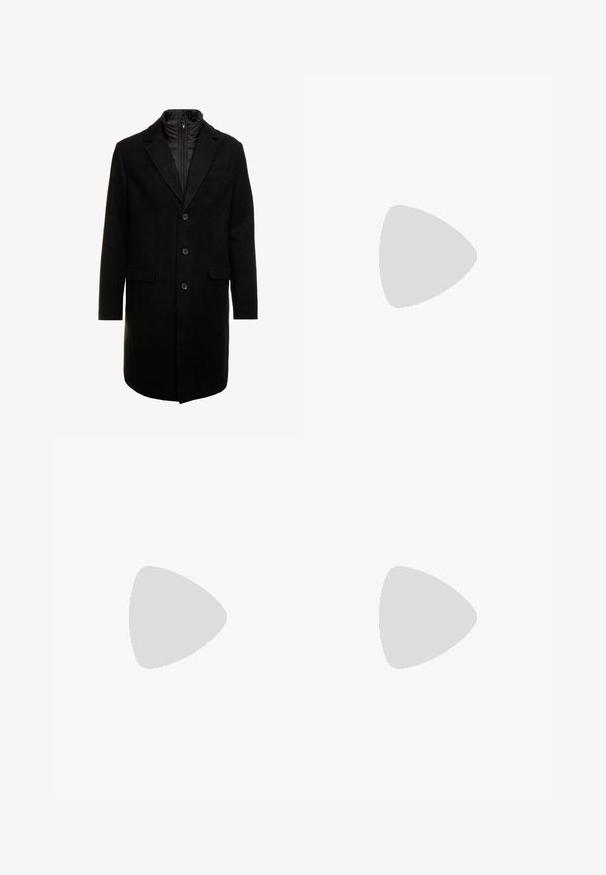 Schwarzer Wollmischung-Übermantel mit sleekem Design, ausgestattet mit einer herausnehmbaren isolierten Innenschicht, drei Knöpfen und zwei Fronttaschen.; Schwarzes Langarmhemd mit Knopfleiste aus Baumwolle, mit spitzem Kragen, Frontknöpfen und klassischer Passform. Glatte Textur, ohne Muster.; Zwei Paar klassische Hosen: eine aus grauer Baumwollmischung, eine aus schwarzer Baumwollmischung. Beide besitzen ein maßgeschneidertes Design mit Gürtelschlaufen und einer glatten Oberfläche.; Schwarze Ledersneaker mit einer weißen Gummisohle, ausgestattet mit flachen Schnürsenkeln und markierten Ösen. Weiche Textur mit einem kontrastierenden Seitenakzent.