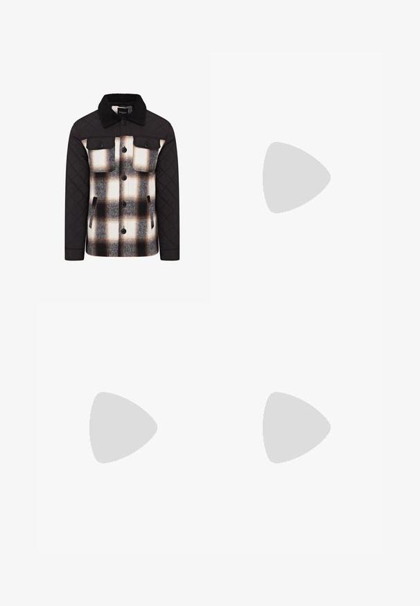 Quilted jacket with black sleeves and collar. Plaid design features white, black, and brown patterns. Button closures and chest pockets.; White short-sleeve T-shirt with red text "Studio Originals Edition" on left chest, displayed on a neutral gray background.; Tan chinos made of cotton, featuring a straight leg design, front and back pockets, and a button fly closure with belt loops.; White athletic shoes featuring a textured knit upper, flat laces, and a cushioned sole with visible air chambers for added support.