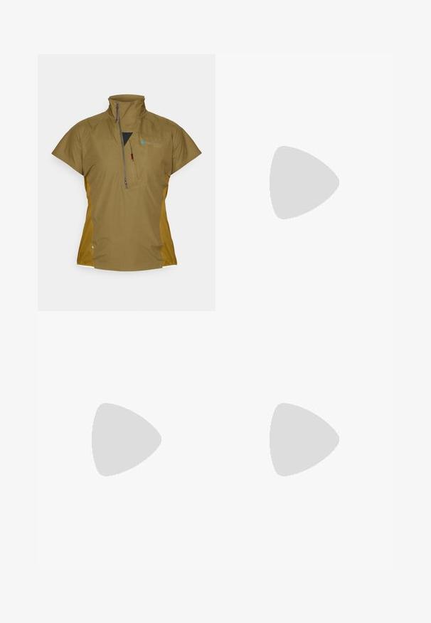 Brown short-sleeve top with a high collar and zippered chest pocket. Features a mesh panel and contrasting side panels. Lightweight fabric.; White long-sleeve shirt made of textured fabric with a beige patch pocket featuring a drawstring and logo.; The North Face EXPLORATION CARGO PANTS - Outdoor trousers - khaki stone; Black hiking shoes with a textured fabric upper, lacing system, and rugged rubber sole. Accented with reflective details and logos.