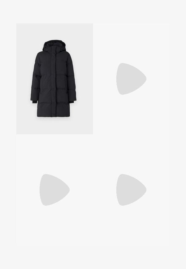 Black puffer coat with a hood, featuring a quilted design, long sleeves, front zip closure, and elastic cuffs. Smooth, textured fabric.; Off-the-shoulder white top with pleated, structured neckline and fitted bodice. Made from soft fabric with a smooth texture.; Black straight-leg pants with an elastic waistband, front pleats, soft fabric, and no visible patterns or hardware details.; Tall black leather boot with chunky platform sole and block heel, featuring pull tab and textured tread on outsole.