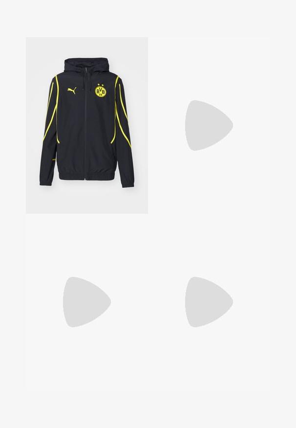 Chaqueta deportiva negra con capucha, acentos amarillos, logo de Puma y emblema del club que presenta negro y amarillo con estrellas. Cierre de cremallera en la parte frontal y puños elásticos.; Camiseta de fútbol de manga corta roja y negra con un patrón de olas, que presenta un cuello redondo, el logo de Puma y el logo del club en el pecho.; Pantalones negros de tela duradera, con un diseño de pierna recta, una cinturilla con trabillas para cinturón y costuras para mayor textura.; Zapatillas Puma en gamuza blanca y negra, con una suela de goma marrón. Combinadas con calcetines blancos que muestran un logo negro, llevados con pantalones oscuros.; Collar de cadena de oro con grandes eslabones entrelazados, que presenta un detalle de medallón circular en el centro con un emblema en relieve.