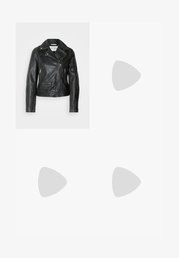 Marc O'Polo VINTAGE BIKER JACKET ZIPPER POCKETS SLITS ON SLEEVE HEM - Leather jacket - black; Black cotton t-shirt with a round neckline and short sleeves. Features a patch pocket on the left chest and a relaxed fit.; Black wide-leg trousers with high waist, button details on waistband, and front pleats.; Black patent leather ankle boot with a pointed toe and a mid-height block heel. Smooth texture and minimalist design.