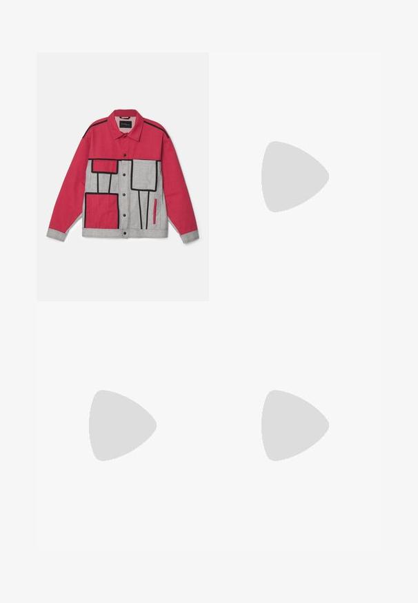 Red and grey jacket featuring a geometric pattern with black piping, button closure, and two front pockets. Made of durable fabric.; White short-sleeve t-shirt made from cotton, featuring a crew neckline and a loose, boxy fit with minimal stitching details.; White denim jeans featuring a straight-leg cut, five-pocket design, and metal hardware accents on the waistband and pockets.; White leather sneakers with a smooth texture, round toe, minimal eyelets, and a flat rubber sole. Simple design with no additional accents.