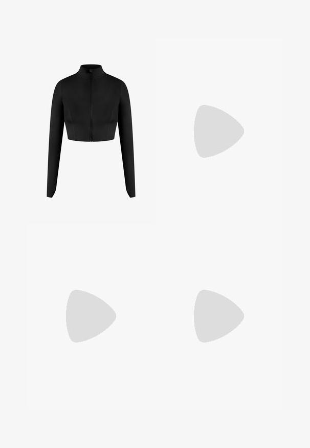 Black cropped zip-up jacket with long sleeves, made from smooth fabric. Features a high collar and minimalistic design with no patterns.; Short-sleeve cropped top in dark navy, made of smooth, stretch fabric. Features a round neckline and minimal stitching details. No logos visible.; High-waisted black leggings made of stretchy fabric, featuring a smooth surface and ankle-length fit. No patterns or visible hardware details.; Nike P-6000 sneakers with a light grey mesh upper, black accents, and a durable black rubber sole. Features intricate design and lacing system.