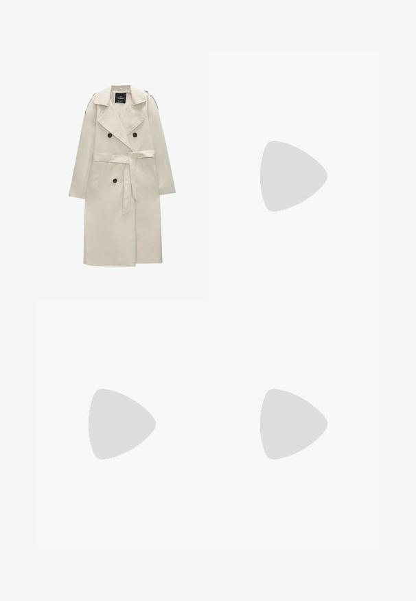 PULL&BEAR BASIC  - Trenchcoat - beige; Navy blue cropped sweater with a v-neck, long sleeves, and ribbed cuffs; made of fuzzy material for a warm, soft texture.; Light blue denim jeans with a slim fit, high waist, five-pocket design, belt loops, and a button-fly closure.; Beige sneakers with dark green stripes, rubber sole, suede and textile upper, and neutral hardware, paired with brown socks on a light blue surface.; Brown-tinted square sunglasses with gray lenses, featuring a transparent frame and sleek, curved arms with subtle accent details.