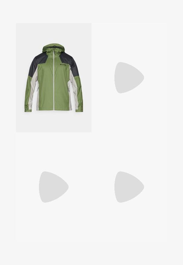 Grøn og sort vandtæt jakke med hætte, der har en fuld frontlynlås, sidelommer og kontrasterende grå detaljer.; Sort t-shirt med korte ærmer lavet af letvægtsstof. Har et lille hvidt logo på venstre bryst og diskrete skuldrelementer.; Sorte atletiske bukser lavet af letvægtsstof, med en snor i taljen, sidelommer og tapered manchetter ved anklerne.; Sort trail løbesko med en struktureret overdel, gummisål og forstærket tåhætte. Har en polstret krave og en pull-tab til nem påtagning.