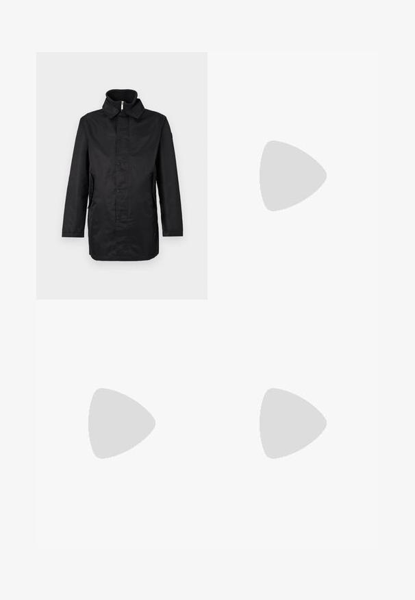Black waterproof coat with a collar, front snap closure, side pockets, and textured fabric. Simple design with a loose fit.; Black long-sleeve shirt featuring vertical pinstripes, two chest pockets, a collared neckline, and button closure. Soft, textured fabric.; Dark blue denim jeans, straight-leg design, five pockets, button-fly closure, with subtle fading and stitching details. Smooth texture.; Black leather loafers with a smooth texture, rounded toe, and a decorative strap across the vamp. Low stacked heel, minimalist design.