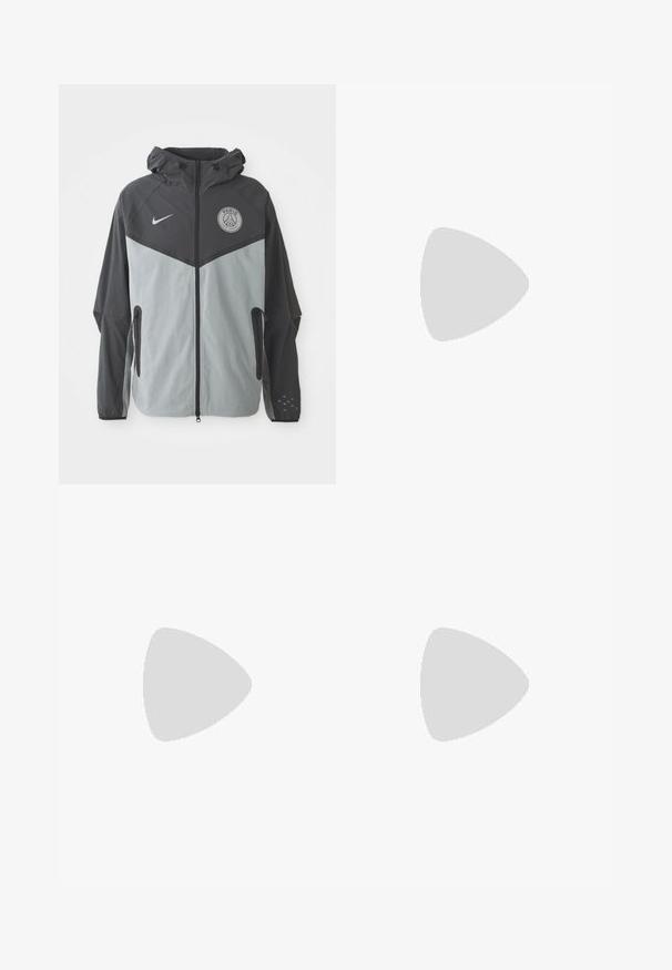Veste Nike Paris Saint-Germain avec capuche, présentant une combinaison de couleurs noir et gris clair, fermeture zip à l'avant et logo sur la poitrine.; T-shirt de sport à manches longues, gris clair, avec des accents noirs sur les épaules, col zippé, logo Nike et texte 'Bingx' à l'avant. Badge de Chelsea FC présent.; Jogging en vert foncé de Nike avec une taille élastique, un cordon de serrage réglable, des fermetures éclair sur les côtés et le logo de Chelsea FC sur la cuisse gauche.; Chaussure de sport noire avec une tige texturée, un swoosh blanc de Nike et une semelle extérieure en caoutchouc blanc. Elle présente un design à lacets et une forme dynamique.