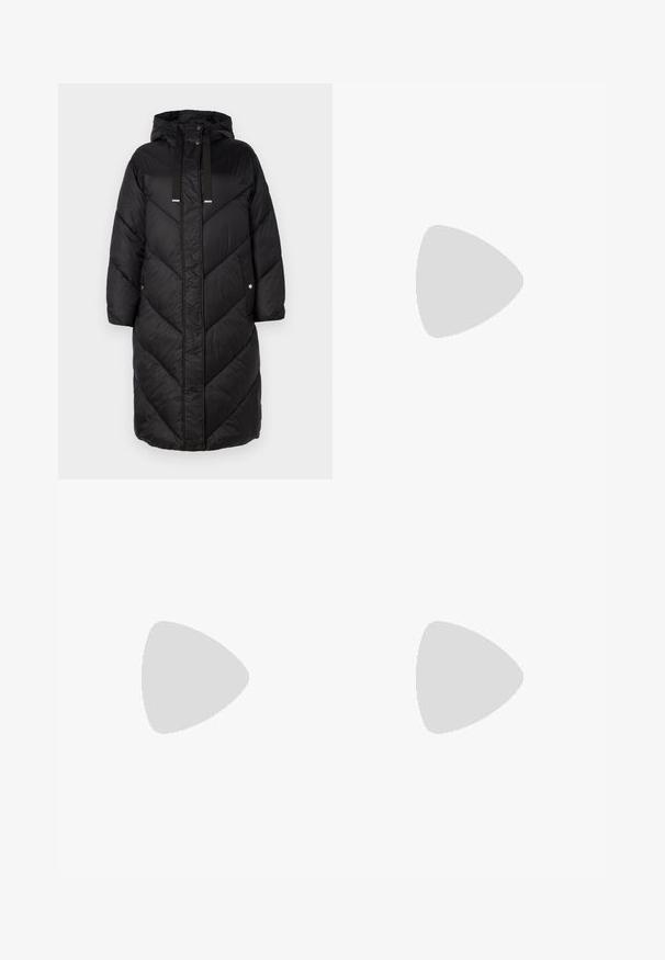 BOSS POLLY LONG - Ziemas mētelis - black; Melna kokvilnas T-krekls ar apaļu izgriezumu, īsām piedurknēm un izšūtu logotipu uz krūtīm. Vienkāršs, brīvs piegriezums bez rakstiem.; Baltas kokvilnas bikses ar taisnu kāju dizainu, ar vidēju augstumu un bez redzamām detaļām vai rakstiem. Visā virsmā ir gluda tekstūra.; Melnas ādas slingback zābaki ar smailu purngalu, ar šauru papēdi un zelta krāsas akcentu uz regulējama siksniņas. Gluda tekstūra.
