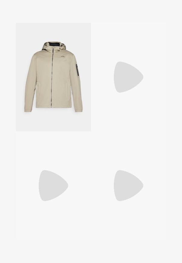 Giacca beige con chiusura a zip frontale, cappuccio integrato e tasche laterali. Caratterizzata da una tasca con zip sul braccio e un dettaglio logo discreto sul petto.; Due magliette a manica corta con collo tondo, una bianca con strisce nere sulle maniche, l'altra nera con strisce bianche, realizzate in morbido tessuto di cotone.; Pantaloni sportivi grigi realizzati in morbido misto cotone, con un elastico in vita, gambe affusolate e un piccolo logo nell'area della tasca sinistra.; Sneakers atletici bianchi con pelle sintetica liscia, accento del logo nero e dettagli perforati sul lato. Suola in gomma.