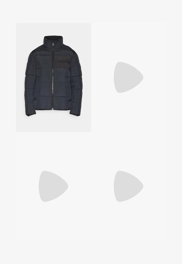 Black puffer jacket with high collar, zip closure, and logo on the chest. Made of smooth fabric with a quilted pattern for insulation.; White cotton t-shirt featuring a black "CK" logo and "Calvin Klein Jeans" text, short sleeves, and a classic round neckline.; Blue denim jeans with a slim fit, mid-rise waist, five-pocket design, faded wash, and light whiskering on the front and back.; Black hiking shoes featuring a layered design, textured fabric, and rubber sole, with reinforced areas and a lace-up front.