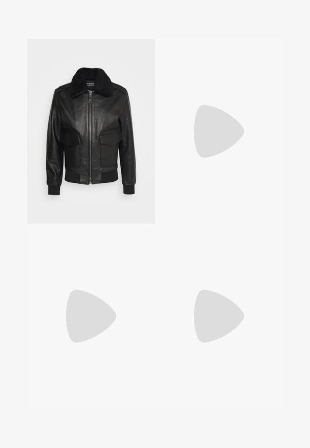 Schott Giubbotto Bomber - black; Due camicie a manica corta: una nera uniforme, l'altra bianca con strisce verticali nere. Entrambe presentano chiusure a bottoni e un colletto classico.; Pantaloni in denim grigio chiaro con design a gamba dritta, stile a cinque tasche e chiusura con bottone. Cuciture visibili lungo le cuciture.; Mocassini in pelle nera con punta rotonda, caratterizzati da un design cucito, suola piatta bassa e un battistrada in gomma testurizzata e scolpita.