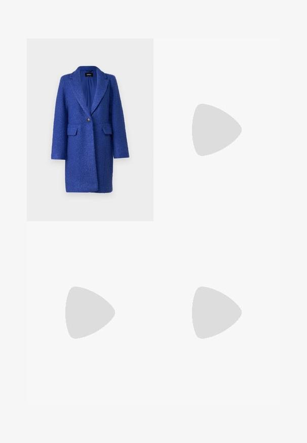 Blue textured coat with a notched collar, single button closure, and two front pockets. Designed for a loose fit and mid-length style.; Two camisole tops are shown: one black and one white. Both have thin straps and a fitted design made from a smooth, stretchy fabric.; Light blue shorts with a belted waist, featuring a square buckle and metal hardware accents. Smooth fabric, tailored cut, and pleated front.; Black leather slingback heeled shoe with a pointed toe and a chunky block heel. Features an adjustable strap with a metal buckle.
