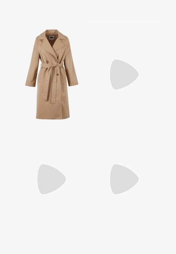 Beige trench coat with a double-breasted design, large collar, tie belt, and side pockets. Made of smooth, lightweight fabric.; Gray sweatshirt with a half-zip collar, ribbed cuffs, and a small embroidered logo on the chest. Soft cotton-blend fabric.; Red athletic pants made of polyester, featuring white side stripes and an elastic waistband. Includes zippered pockets for storage.; Beige sneakers with mesh and suede materials. Features a black logo and textured accents. Thick white midsole and black rubber outsole.; White leather handbag with a gold-tone clasp, black accents, a detachable shoulder strap, and a structured design with a flap closure.