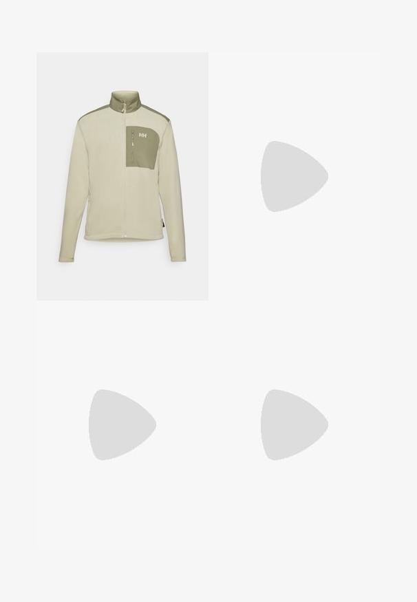 Polarowa kurtka w jasnym beżu z zielonym panelem na ramieniu i kieszenią na klatce piersiowej. Posiada wysoki kołnierz oraz zamykaną na zamek kieszeń na bezpieczne przechowywanie.; Czarny t-shirt z krótkim rękawem, wykonany z lekkiego materiału. Posiada małe białe logo na lewej piersi oraz subtelne akcenty na ramionach.; Czarne spodenki sportowe wykonane z lekkiego materiału, z elastycznym pasem na sznurek, bocznymi kieszeniami i zwężanymi mankietami przy kostkach.; Szare buty do biegania w terenie z teksturową cholewką, trwałą gumową podeszwą i wzmocnionym noskiem. Posiadają sznurowadła oraz logo marki z boku.