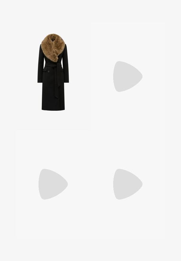 Black long coat with a wide brown fur collar, featuring double-breasted closure and a tied belt at the waist. Smooth fabric texture.; Black short-sleeve t-shirt with a round neckline, crafted from soft cotton fabric. Simple design, no visible logos or patterns.; Black pleated trousers with an elastic waistband. Features wide legs and a smooth, textured fabric with vertical stripes.; Knee-high black leather boots with a squared toe and block heel, shown with a model seated in an olive green coat. Smooth texture, minimal detailing.