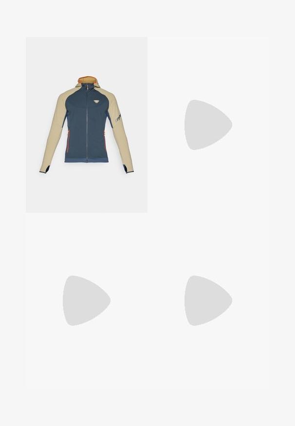 Mėlynai ir smėlinės spalvos zip-up striukė su kapišonu, su oranžinėmis detalėmis, dviem šoninėmis kišenėmis, bei logotipu ant krūtinės ir rankovės.; Juoda trumpų rankovių sportinė marškinėlių, pagaminta iš kvėpuojančios medžiagos, su apvalia iškirpte ir nedideliu baltu "SALOMON" logotipu ant krūtinės.; Juodos lauko kelnės su užtrauktuku šlaunies kišenėje, elastinga juosmeniu ir lygiu, vandens nepraleidžiančiu audiniu. Tinkama dizaino forma be matomų logotipų.; Lauko batai su pilku ir tamsiai mėlynu dizainu, tekstūruota medžiaga, tvirtu padu ir reguliuojamu raištelių sistema, užtikrinančia saugų prigludimą.