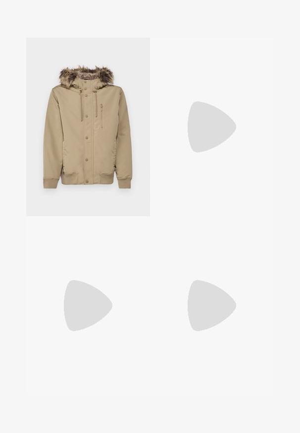 Giacca beige con cappuccio e bordo in pelliccia sintetica, chiusura con zip, bottoni a pressione e tasche laterali. Presenta polsini a costine e lacci elastici sul cappuccio.; Maglione nero lavorato a maglia con scollo rotondo, maniche lunghe e una texture a coste. Presenta un orlo dritto e un design minimale.; Tessuto nero testurizzato con una superficie morbida e leggermente lucida, che mostra un sottile motivo di tessitura e una caduta morbida.; Scarpe in pelle nera con punta arrotondata, design con lacci e suola spessa e texture. Indossate con pantaloni neri su misura e un maglione a coste.