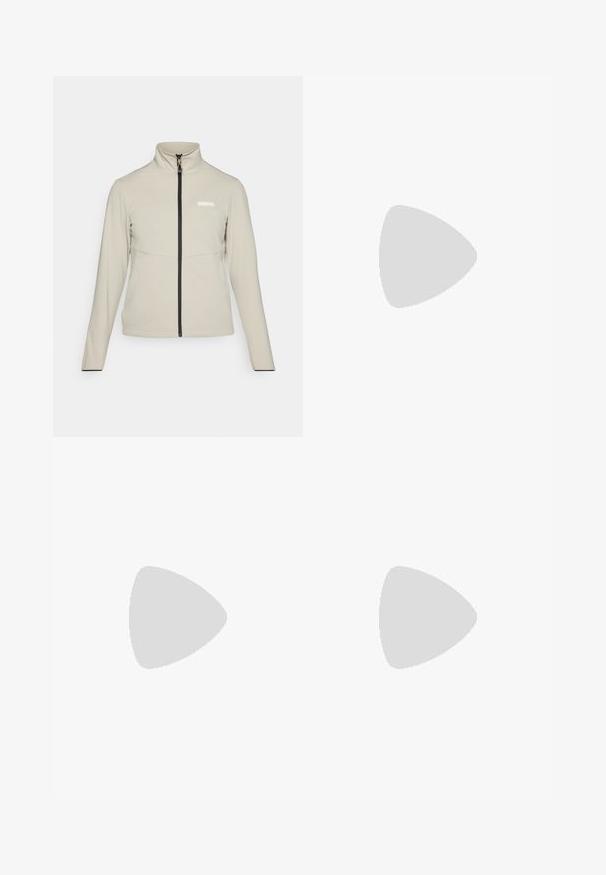 Világos bézs dzseki magas gallérral, teljes hosszúságú cipzárral és fekete díszvarrással. A mellkason logó található, hosszan szabott ujjak jellemzik.; Fekete, hosszú ujjú póló pamutból, kerek nyakkal. A bal mellrészen egy kis fehér logó található. Egyszerű dizájn és szabás.; Fekete nylon zipzáras cargo nadrág állítható mandzsettával, több zsebbel és logóval a jobb lábon. Simább, könnyű textúra.; Beige és krém színű sportcipő, texturált hálós felsőrésszel, támogató burkolattal és gumitalppal, amely tapadás érdekében bordázott mintázattal rendelkezik.