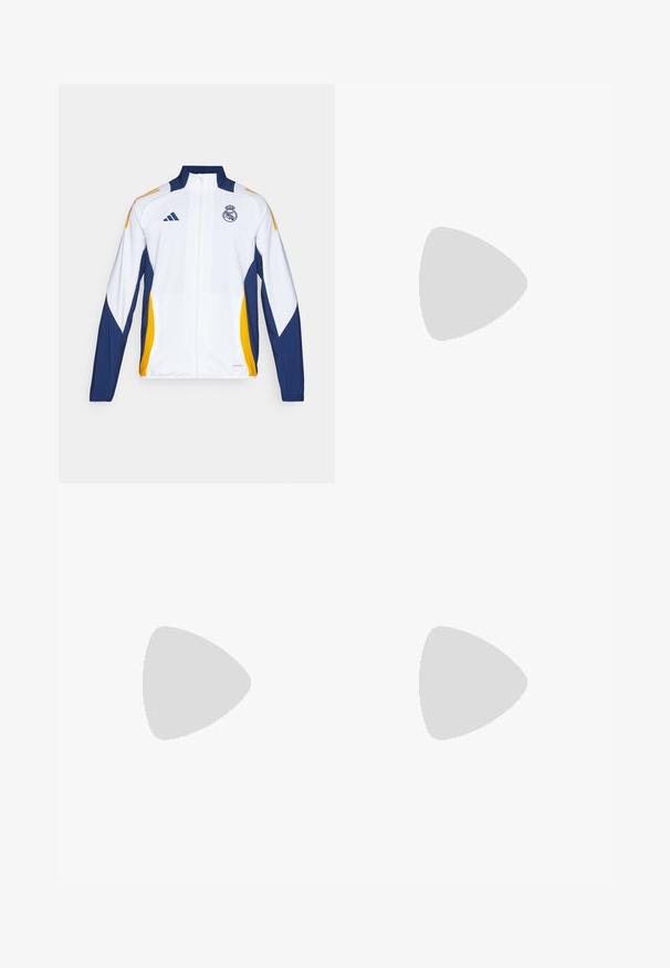 adidas Performance REAL MADRID PRESENTATION - Equipación de clubes - white/crew orange/navy blue; Camiseta deportiva de manga larga blanca, fabricada con material suave, que presenta un logo negro de Adidas en el pecho; diseño de cuello en V y forma ajustada.; Bermudas deportivas blancas con una cintura elástica, fabricadas con un tejido suave. Presenta un logo negro de Adidas en la parte inferior izquierda.; Botas de fútbol blancas con acentos negros y suela roja. Presentan tres rayas negras en el lateral y una parte superior de textura suave.