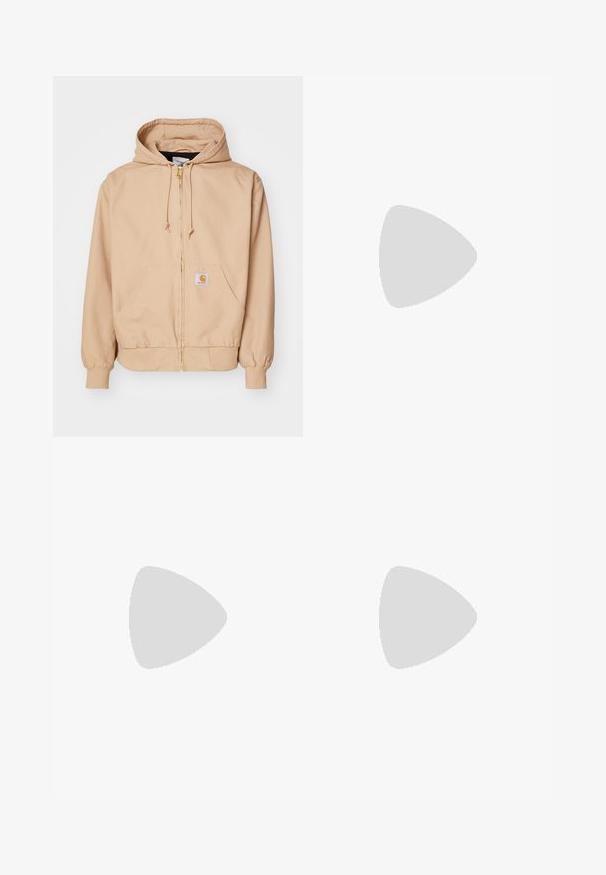 Beige zip-up hoodie made of cotton blend, featuring a drawstring hood, ribbed cuffs, two front pockets, and a logo patch on the left pocket.; Nike black cotton t-shirt with a classic crew neck, short sleeves, and a subtle, embossed logo on the chest. Smooth texture.; White cotton cargo pants with a relaxed fit. Features include front pockets, gold hardware accents, and reinforced knee sections.; Black athletic shoes with textured fabric and rubber soles, featuring elastic laces and a blue accent on the heel. Worn with light denim pants.
