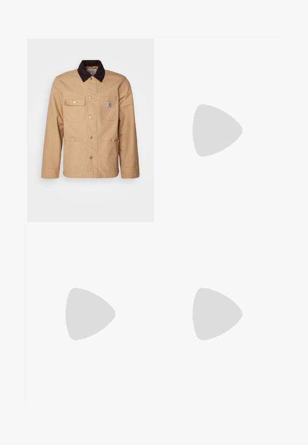 Tan work jacket made of sturdy fabric, featuring a dark brown corduroy collar, button front, and four front pockets with gold buttons.; Black cotton t-shirt with short sleeves, crew neck, and a small yellow logo on the left chest area. Simple design and regular fit.; Dark blue denim jeans with a high waist, straight leg design, contrasting stitching, and patch pockets on the front.; Black suede sneakers with white rubber soles and side stripes, paired with light green cargo pants, standing on a textured dark surface.