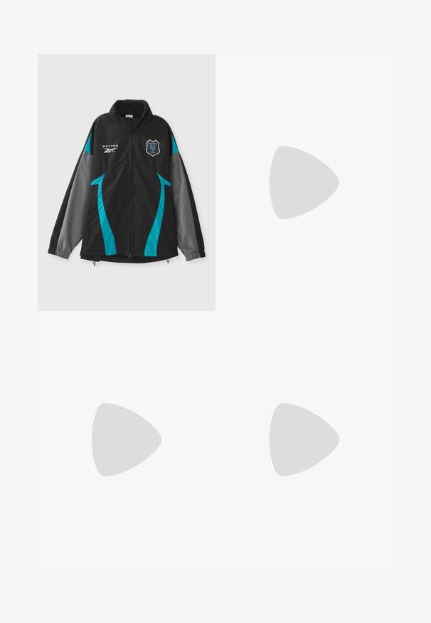 Black jacket with teal and gray accents, featuring a high collar, zip front, and logo patch on the chest. Smooth texture, sporty design.; Black short-sleeve jersey with teal vertical stripes. Features bold white text "BOTTER" and number "27." V-neck design with standard collar.; White shorts with black accents and red piping, featuring multiple black signatures. Includes a botter Antwerp logo on the left side.; Lightweight athletic shoes in cream with blue and black graphic patterns. Features slip-on design, elastic accents, and textured soles.